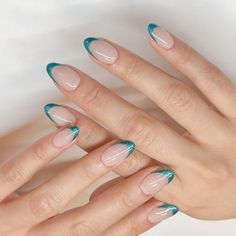 French mani, but make it ✨festive✨ with a pop of holiday color! @glossy.studios used #PutItInNeutral and #TealingFestive. 💅 #FrenchManicure #HolidayNails #NailInspo #NailTech #FrenchMani #FrenchTips Nails For Turquoise Dress, Blue Shimmer French Tip Nails, Prom Nails Turquoise, Teal Nail Tips, Light Teal French Tip Nails, Teal Chrome French Tip Nails, Teal Tips Nails, Nails For Teal Dress, Torquise Nails French Tip