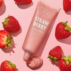 Strawberry Skincare Face Polish | Fourth Ray Beauty Strawberry Skincare, Strawberry Cosmetics, Fourth Ray Beauty, Face Massager Tool, Vegan Skin Care, Face Polish, Product Photography Inspiration, Strawberry Seed, Skincare Products Photography