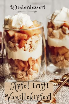 two desserts in glass jars with whipped cream and apples