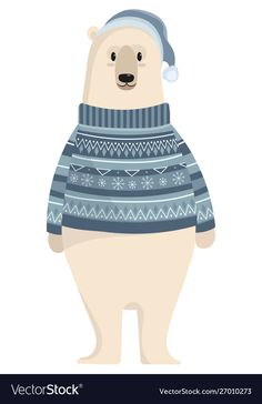 a polar bear wearing a sweater and hat