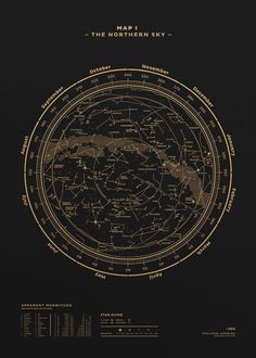 the map of the northern sky in gold on black paper