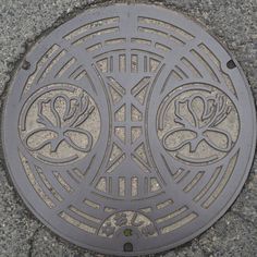 a manhole cover on the ground with flowers and leaves carved into it's sides