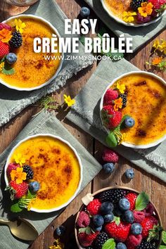 three bowls filled with food on top of a wooden table