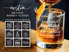 an old fashioned whiskey glass is being filled with the message happy birthday, whiskey glasses choose from 9 designs