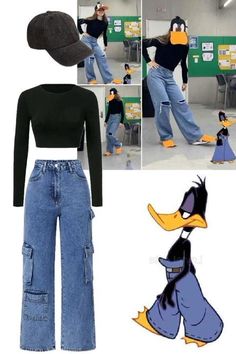 a woman in black shirt and jeans with donald duck