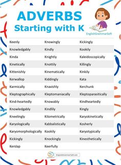 an adverbs chart with the words starting with k