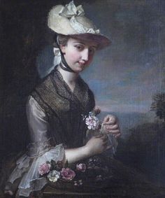 a painting of a woman with flowers in her hand and a hat on top of her head