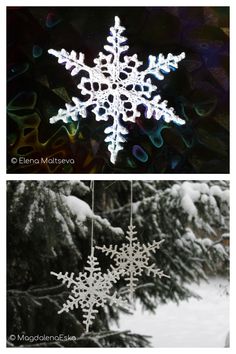 two snowflakes hanging from strings in front of trees