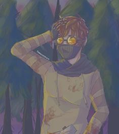 a drawing of a person wearing a face mask and holding something in their hands with trees behind them