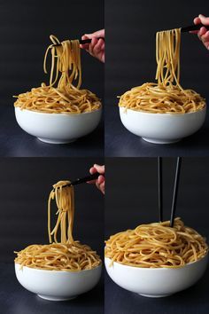 four images show the process of making noodles with chopsticks in white bowls on a black surface