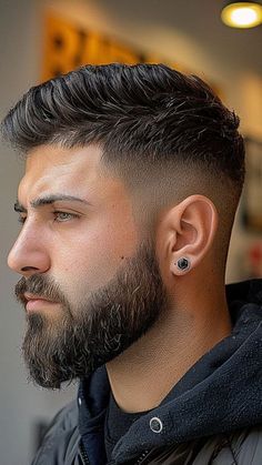 Hair Style With Beard Look, Man Hair And Beard Style, New Fade Haircuts, Mid Fade With Beard, Haircut And Beard For Men, Hairstyle With Beard For Men, Mid Fade Haircut Men With Beard, V Shape Beard Styles For Men, Haircuts For Bearded Men