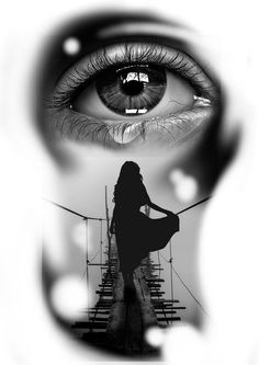 a woman standing in front of an eye with the reflection of a stairway leading up to her