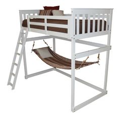 a white loft bed with a hammock hanging from the bottom and ladder to the top