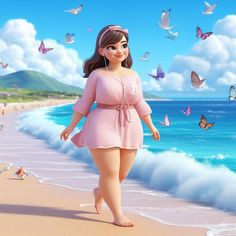 a woman in pink dress walking on beach next to ocean with butterflies flying above her