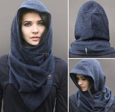 Blue Wool Tweed Snood, unique handmade eco urban style, hooded cowl scarf - Google Search Diy Vetement, Blue Wool