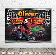 a birthday card with two monster trucks on it and the words,'happy 5th birthday '