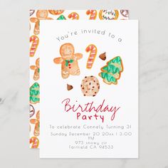 a birthday party card with ginger cookies and candy canes on the front, in white