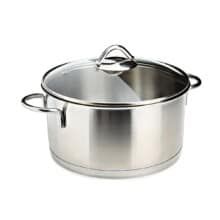 a stainless steel pot with lid and handles on a white background for use in cooking