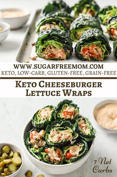 keto cheeseburger lettuce wraps with dipping sauces on the side