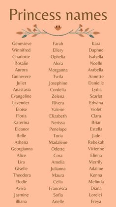 the princess names in english and spanish are shown on an orange background with pink flowers