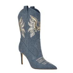 PRICES MAY VARY. Imported The GUESS RASIMA takes a spin on a wild-west favorite. A western inspired bootie features rhinestone embellishment with a fashionable tapered heel and pointy toe Est. 1981, Guess is a global lifestyle brand and a symbol of a young, adventurous lifestyle. Pointy Toe ; Pull-on Closure Textile Upper 3.35" heel height Trucker Jacket, Mid Calf Boots, Boot Shoes Women, Lifestyle Brands, Mid Calf, Stiletto Heels, Bootie Boots, Blue Denim, Heel Height