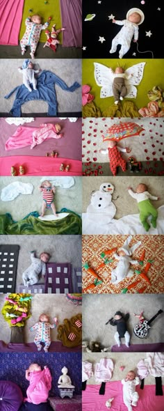 many different pictures of dolls on the floor