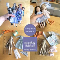 two tiny dolls are being made with scissors and sewing materials on a table next to them