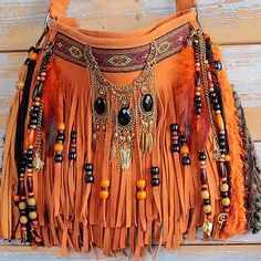 Cheap Bohemian Shoulder Bag With Fringe, Leather Fringe Hobo Bag For Festivals, Artisan Shoulder Bag With Fringe For Festivals, Beaded Leather Bag, Bohemian Fringe Shoulder Bag, Bohemian Leather Fringe Satchel, Boho Jewels, Denim Handbags