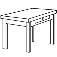 a line drawing of a small table with one drawer on the top and two legs at the bottom