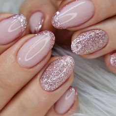 Short Nails Ideas Oval, Nail Designs Oval Shape, Sparkly Valentines Nails, Pink Glitter French Manicure, Short Glitter French Tip Nails, Glitter Valentines Nails, Short Oval Nails Designs, Pink Glitter Nail Designs, Short Nail Designs Glitter