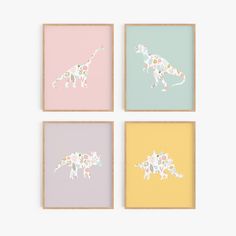 four pink and white framed pictures with animals on them