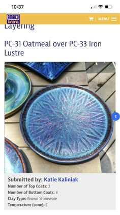 three plates sitting on top of a wooden table covered in blue and green glassware