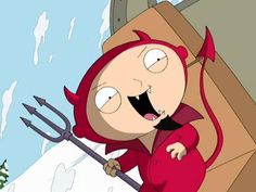 an animated image of a woman in a red outfit holding a pitchfork and looking at something