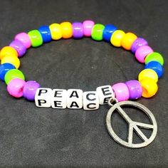 Kawaii Kandi, Festival Kandi, Letter Bead Bracelet, Letter Bead Bracelets, Pony Bead Bracelets, Rainbow Peace, Beaded Charm Bracelet, Beautiful Beaded Bracelet, Rave Gear