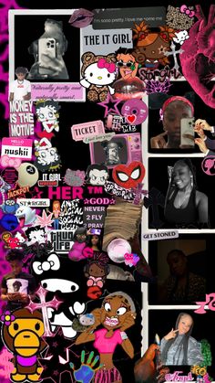 the collage has many different pictures on it, including pink and black colors with white lettering