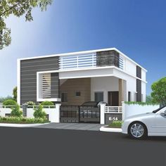 a car is parked in front of a modern style house with balconyes and balconies