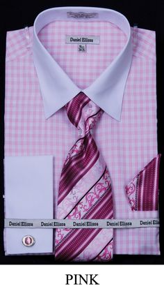 This Daniel Ellissa men's french cuff dress shirt comes in small checker and includes tie, hanky and cuff links. These unique dress shirts are a great compliment to your new suit and are available in 60% cotton / 40% polyester fabric. Cinnamon Dress, Tie Knots Men, Shirt Tie Combo, Mens Sweat Suits, Mens Attire, Unique Dress