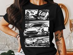 Unleash your love for speed and style with this unique T-Shirt featuring a trio of sleek sportscars. Perfect for any car enthusiast, this graphic tee showcases three high-performance vehicles in a striking black and white design. The detailed illustration captures the essence of speed and the thrill of the drive, making it a great addition to any casual wardrobe. Whether you're headed to a car show, hanging out with friends, or just lounging around, this comfort-fit shirt is sure to turn heads a Car Lover Gifts, Detailed Illustration, Tuner Cars, Black And White Illustration, Racing Car, Black And White Design, Car Lover