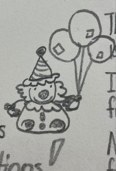 A little clown with fluffy hair, a striped hat, a collared outfit, and holding balloons in his left hand. Lil Clown Drawing, Cute Clown Doodle, Little Character Doodles, Goofy Things To Draw, How To Draw A Clown, Little Guy Doodle, Silly Guy Doodles, Little Guy Drawing, Silly Little Drawings