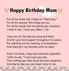 a pink birthday card with the words happy birthday mom