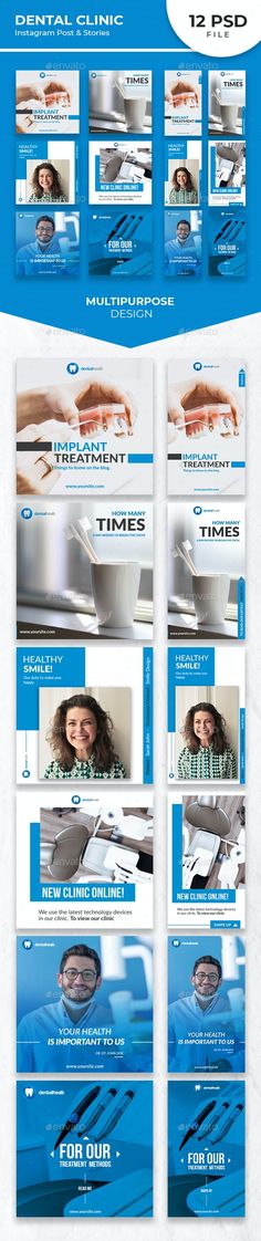 a blue and white webpage design with different images on the front, back and side