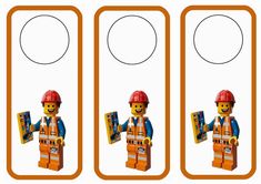 the lego man is holding a construction worker's name tag, and wearing a hard hat