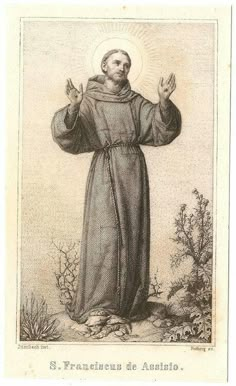 an old black and white drawing of st francisco de astirio, who is holding his hands in the air