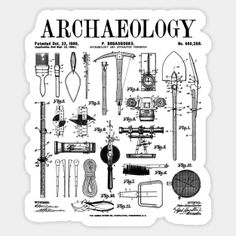 an old poster with various tools and equipment in black ink on white paper that says,'archaeoloy '