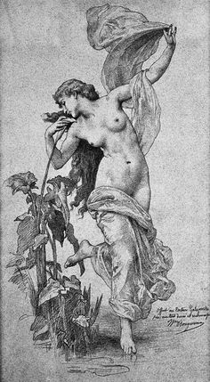 an old drawing of a woman with flowers in her hand