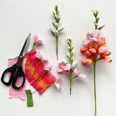 pink and white flowers are cut up with scissors on the table next to each other