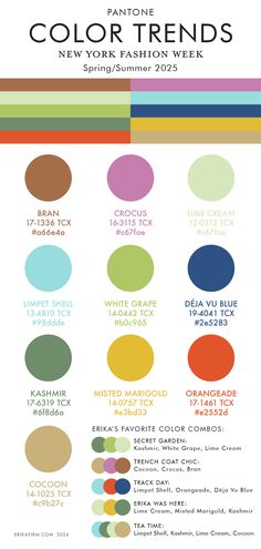 2025 colors include: Bran, Crocus, Lime Cream, Limpet Shell, White Grape, Déja Vu Blue, Kashmir, Misted Marigold, Orangeade, and Cocoon. 2025 Spring Color Palette, Spring 2026 Color Trends, Ss 25 Color Trends, Pantone Trends 2025, Spring Summer 2025 Trend Forecast, Trend Color Fashion 2025, Spring Summer 2025 Color Trends, Gen Z Color Palette 2024, Color Of 2025