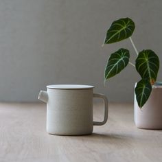 two mugs sitting next to each other on top of a wooden table with a plant in the middle