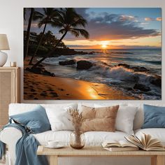 a living room with a couch, coffee table and large painting on the wall above it