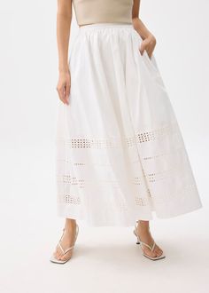 Elastic Broderie Fit & Flare Midaxi Skirt Jacquard Skirt Flare Ivory, Affordable White Classic Skirt, Luxury White Flared Skirt, Affordable White Skirt With Pockets, Love Bonito, White Cotton Skirt, Midaxi Skirt, White Circle, Jumpsuit Skirt